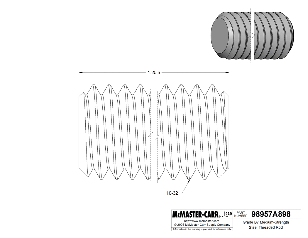 Technical Drawing of Grade B7 Medium-Strength Steel Threaded Rod, 10-32 Thread Size, 1-1/4" Long.